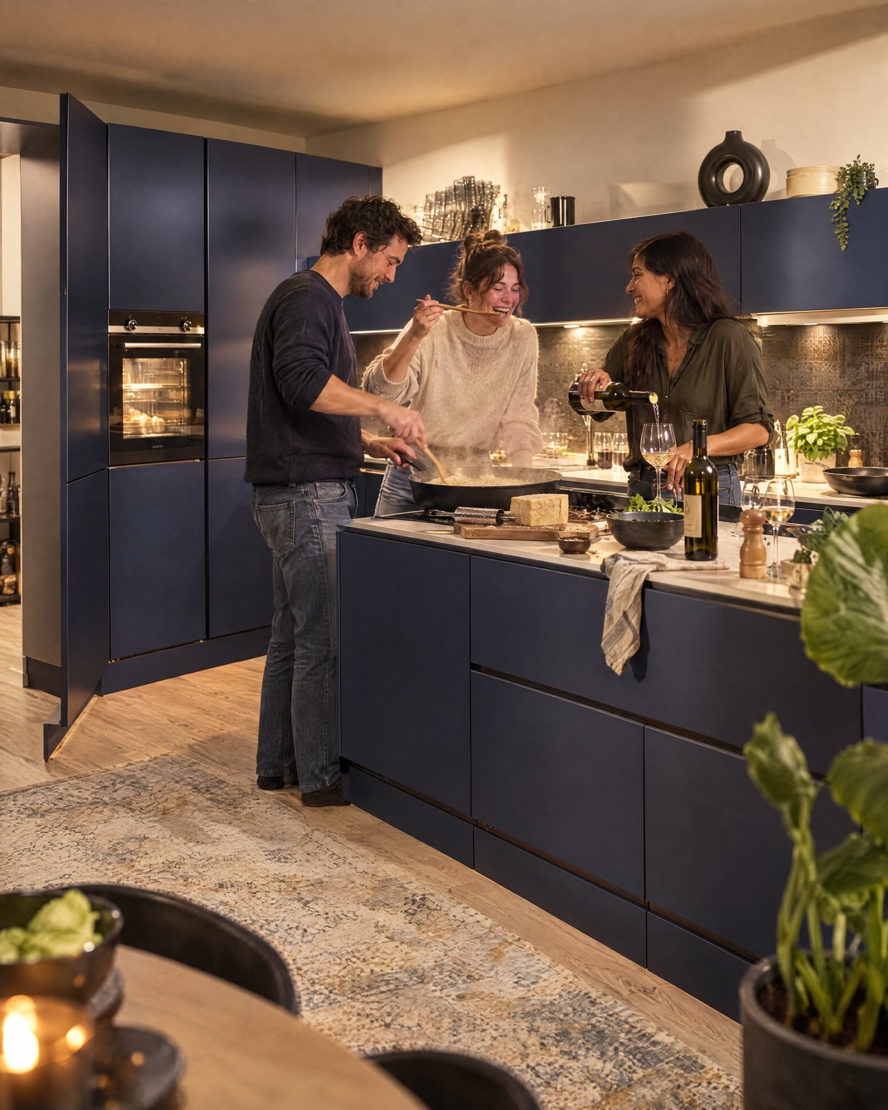 Freunde kochen am Abend in der grifflosen Küche in Tiefblau