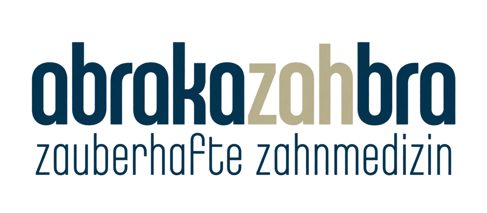 Abrakazahbra logo with text "zauberhafte zahnmedizin" in blue and tan font on a black background.