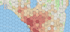 Hexagonale Karte von Los Angeles mit roten und gelben Zellen, die Dichtewerte anzeigen, blauer Bereich kennzeichnet Wasser.