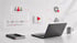 Laptop auf einem Schreibtisch mit schwebenden 3D-Icons für Video-Player, Nutzerverwaltung, Sicherheit und Prozessabläufe.