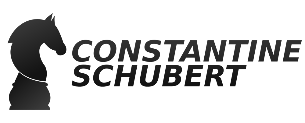 Schwarzer Springer auf grünem Hintergrund mit dem Text "Constantine Schubert" in Großbuchstaben.