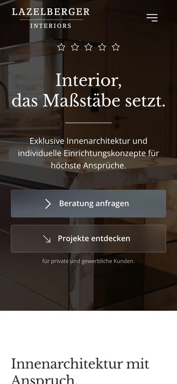 Website von Lazelberger Interiors in der Handy-Ansicht