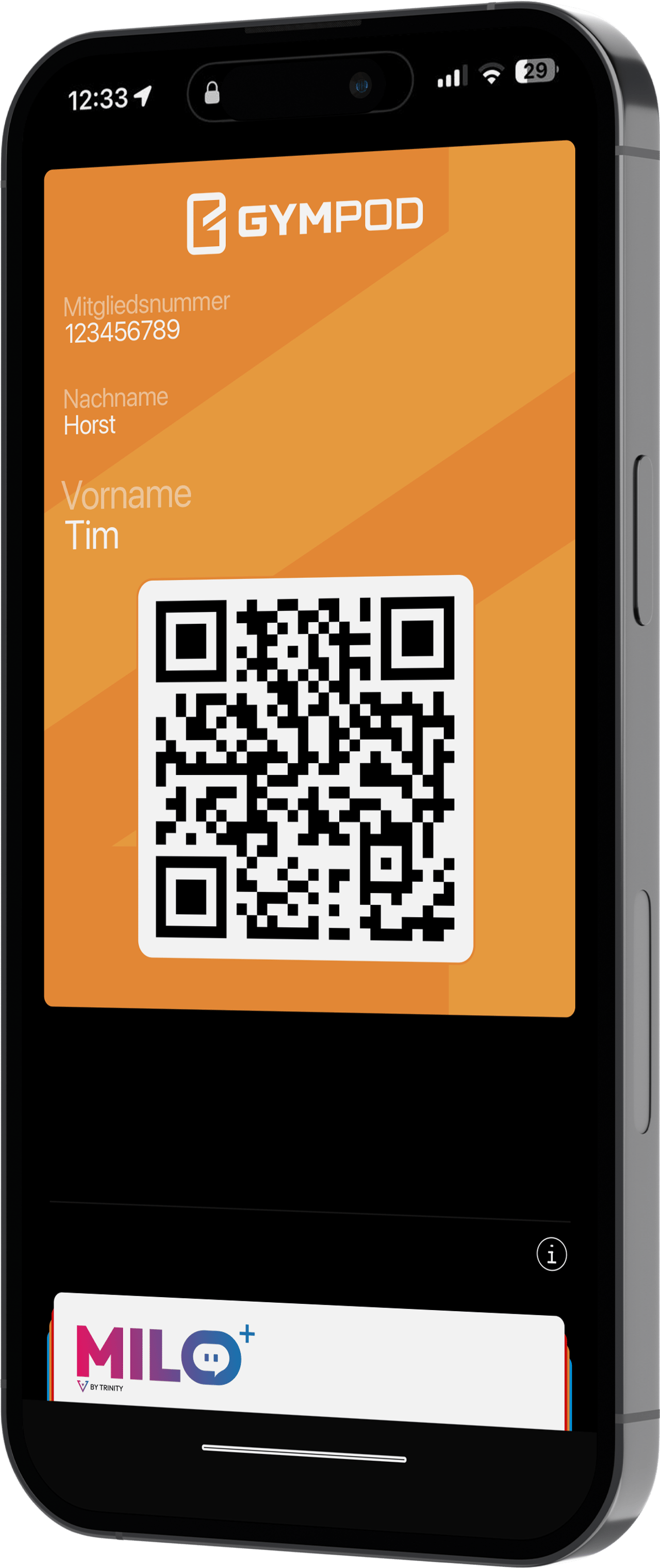 Smartphone zeigt GYMPOD Mitgliedskarte mit QR-Code