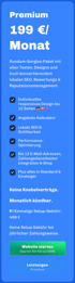 Premium-Angebot: 199 €/Monat, Rundum-Sorglos-Paket, monatlich kündbar, einmalige Setup-Gebühr 499 €.