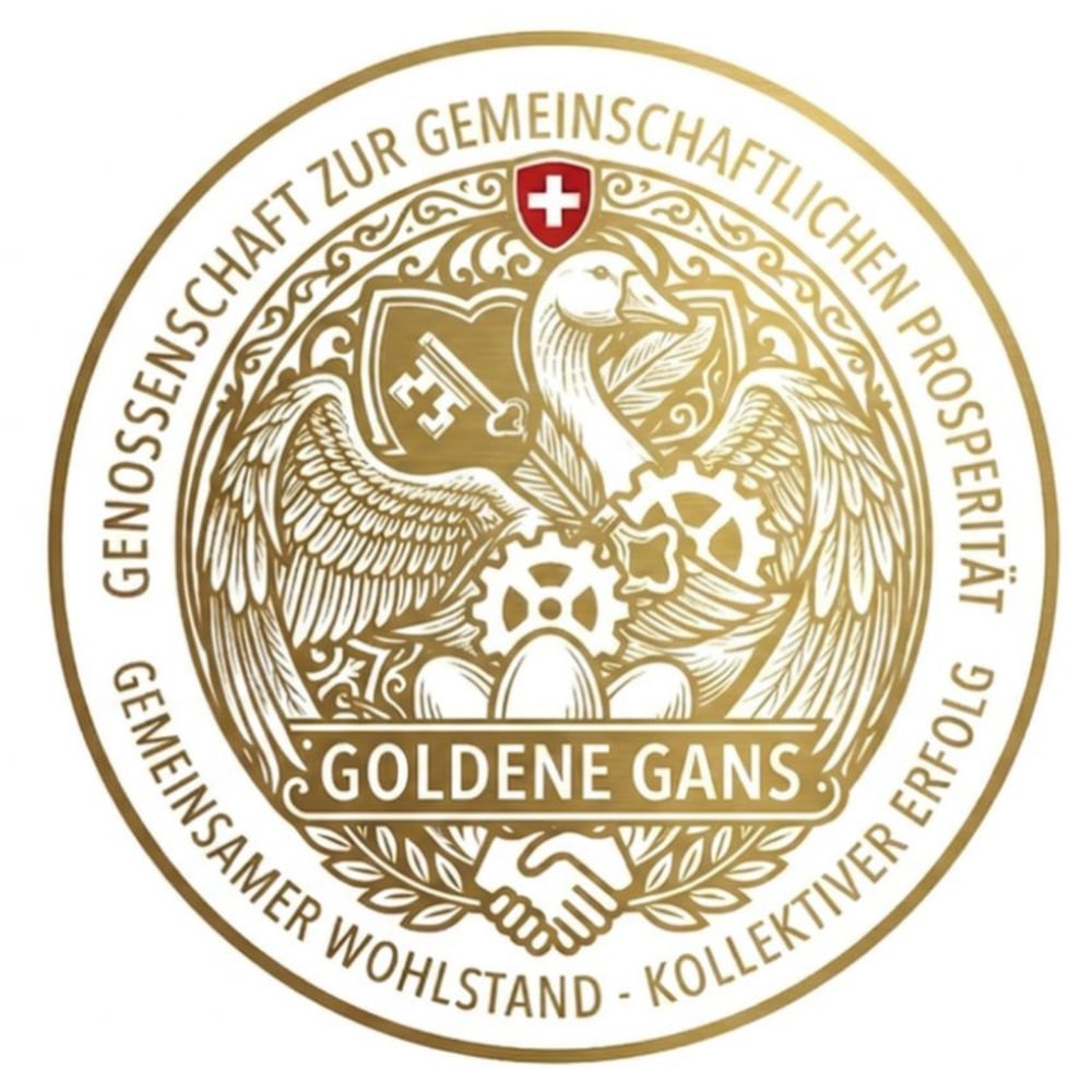Goldenes Siegel mit Gans, Eiern, Zahnrädern, Schlüssel und Schweizer Kreuz, umgeben von Text.