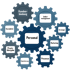 Illustration von Zahnrädern mit Begriffen zu Mitarbeitergewinnung, Kundengewinnung, Marketing, Digitalisierung und Rentabilität für Tierärzte