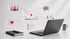 Ein Laptop mit schwebenden Icons für Video-Player, Social Media, Likes und Kommentare über einem Schreibtisch.
