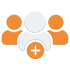 Drei Personensymbole, das mittlere weiß und die äußeren orange, mit einem orangefarbenen Pluszeichen unten.