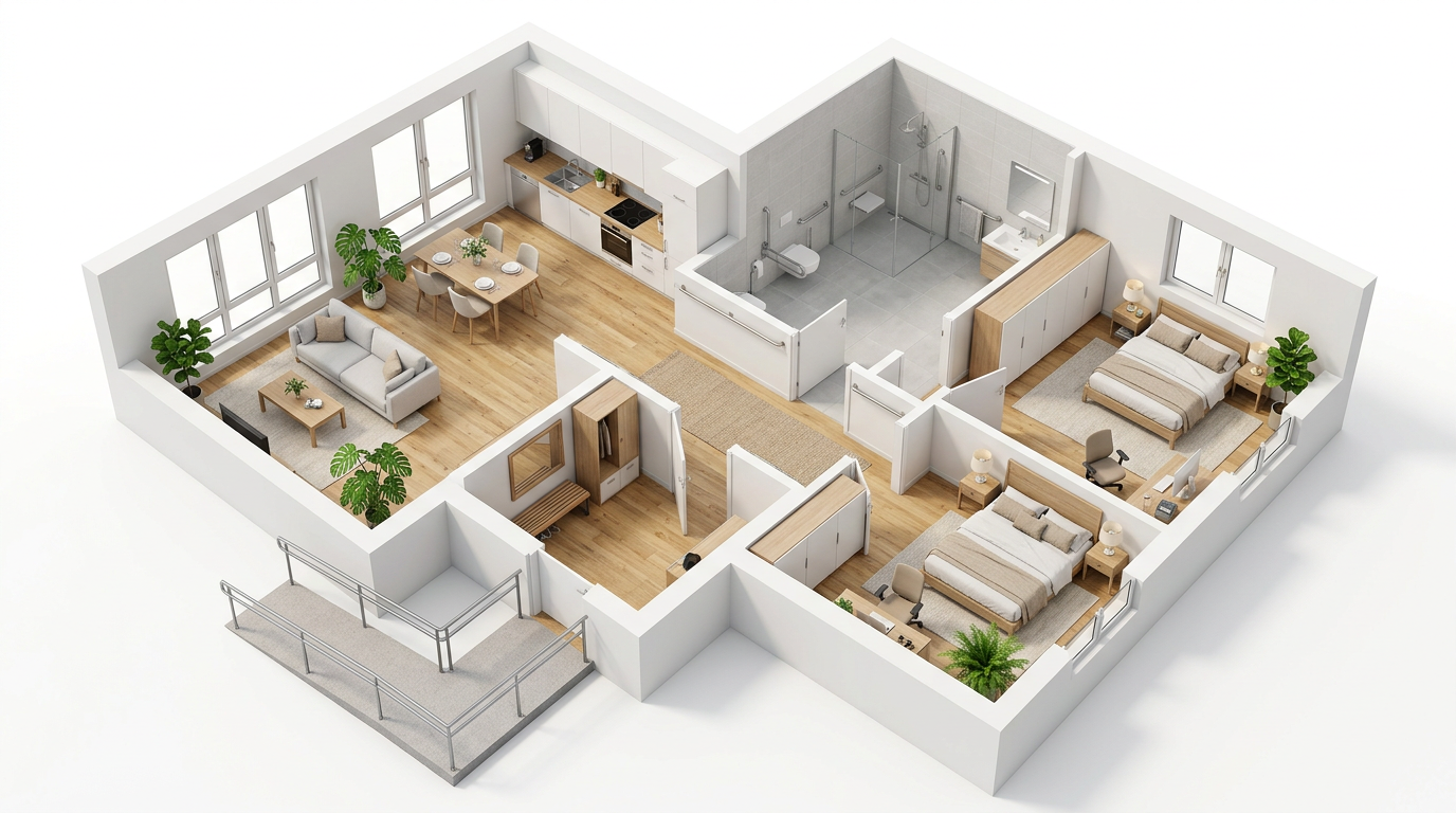 Barrierefreie Wohnung von oben: Wohnraum, Bad mit bodengleicher Dusche, zwei Schlafzimmer, Flur und Eingang mit Rampe