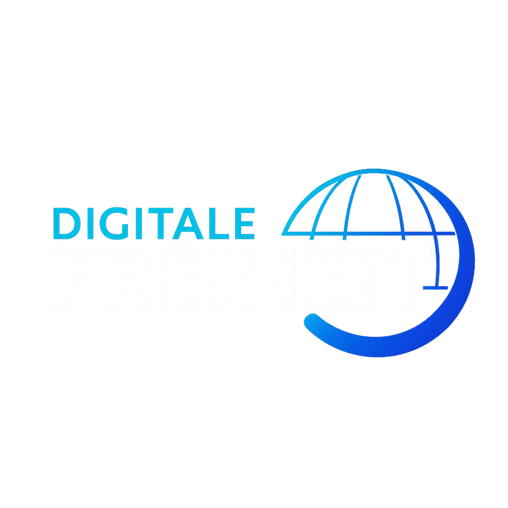 Blauer Text "DIGITALE FREIHEIT" neben einer stilisierten Weltkugel.