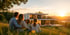 Familie mit zwei Kindern sitzt auf einer Wiese und blickt auf ein modernes Haus und den Sonnenuntergang.