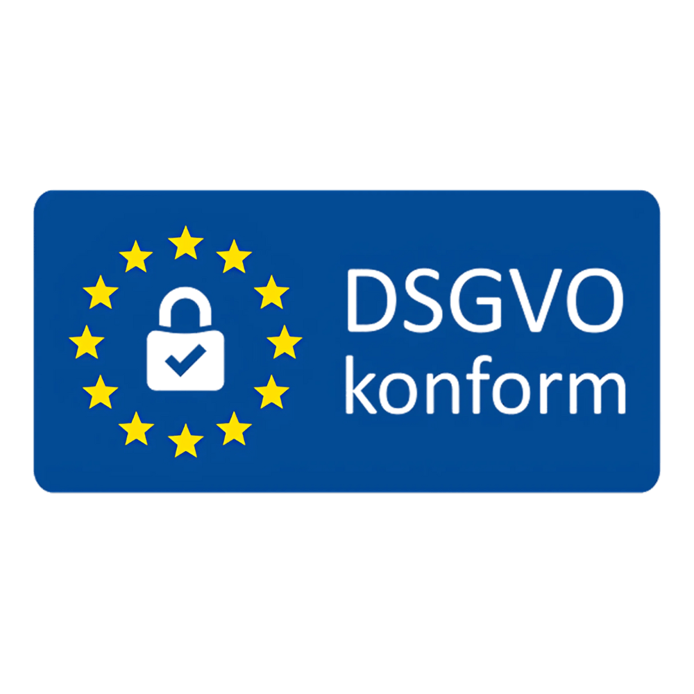 Blaues Rechteck mit goldenen Sternen, Vorhängeschloss und Text "DSGVO konform"