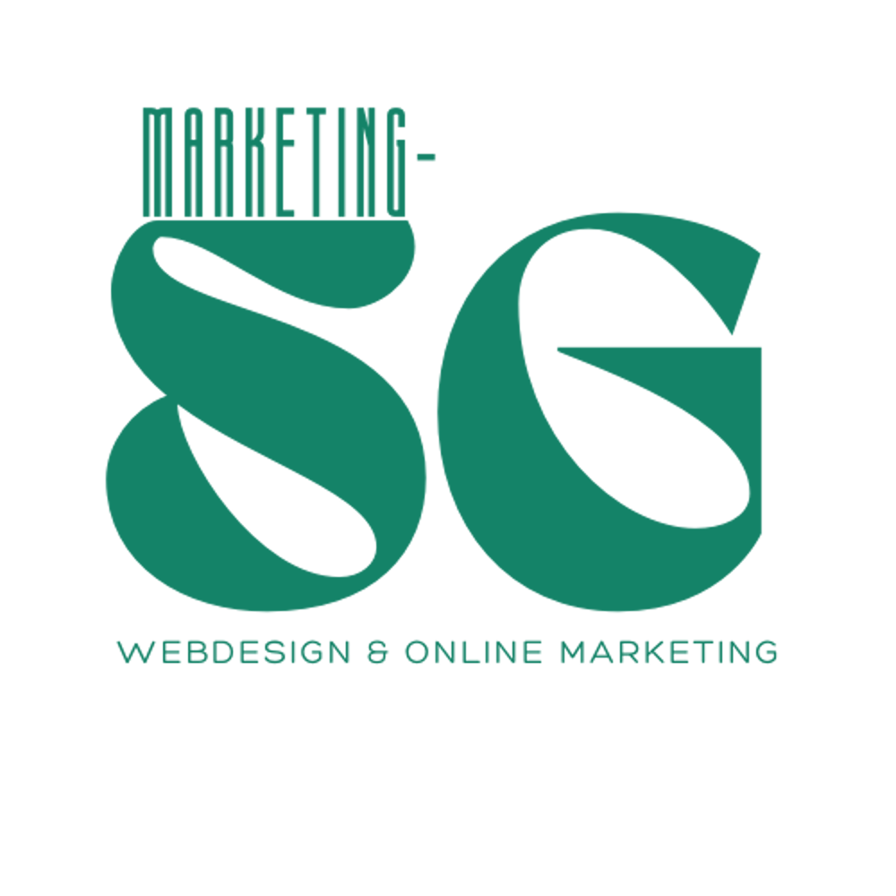 Grünes Logo mit "MARKETING-SG" und "WEBDESIGN & ONLINE MARKETING" auf dunkelgrünem Hintergrund.