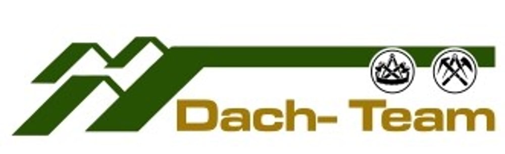 Grünes Logo mit Dächern, dem Text "Dach-Team" und zwei Kreisen mit Krone und gekreuzten Hämmern.