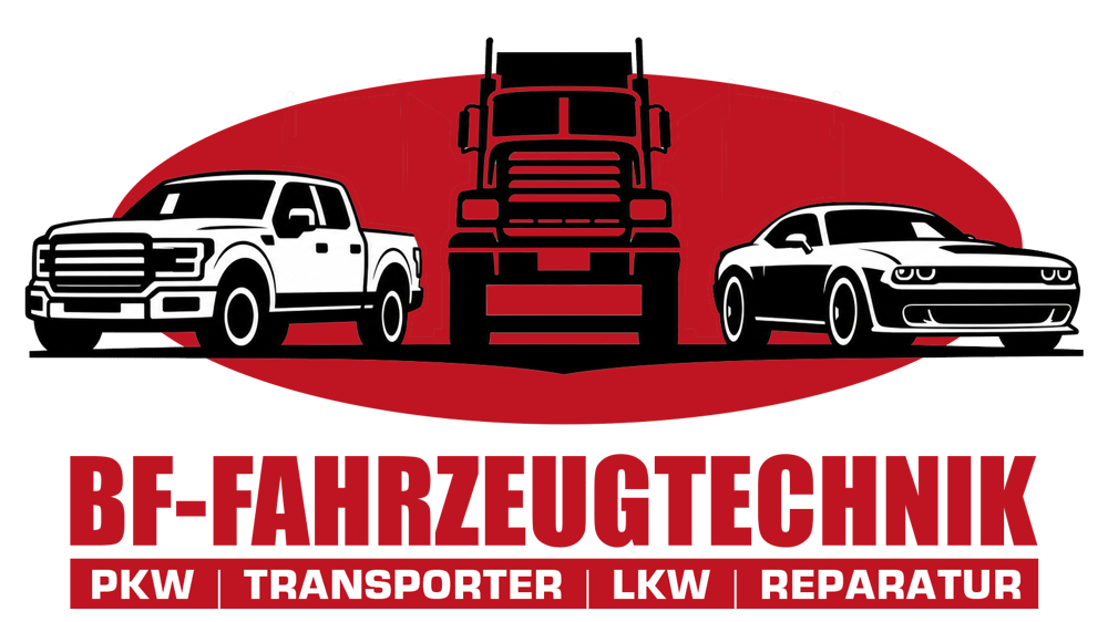 Logo von BF-Fahrzeugtechnik mit Pickup, LKW und PKW vor rotem Oval sowie Text PKW, Transporter, LKW und Reparatur.