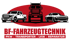 Logo von BF-Fahrzeugtechnik mit PKW, Transporter und LKW vor rotem Oval für Fahrzeugreparaturen.
