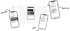 Vier Smartphones zeigen verschiedene Chatbots-Schnittstellen mit Text und Bildern.