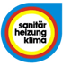 Blaues, rundes Logo mit den Wörtern "sanitär heizung klima" in Schwarz auf weißem und gelbem Kreis.