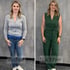 Vorher-Nachher-Vergleich einer Frau: Links in grauer Strickjacke und Jeans, rechts in einem grünen, ärmellosen Jumpsuit.