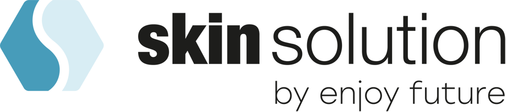 Logo "skin solution by enjoy future" mit einem stilisierten blauen Sechseck.