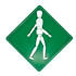 Grünes, rautenförmiges Schild mit einem weißen Piktogramm eines schreitenden Holzmodells.