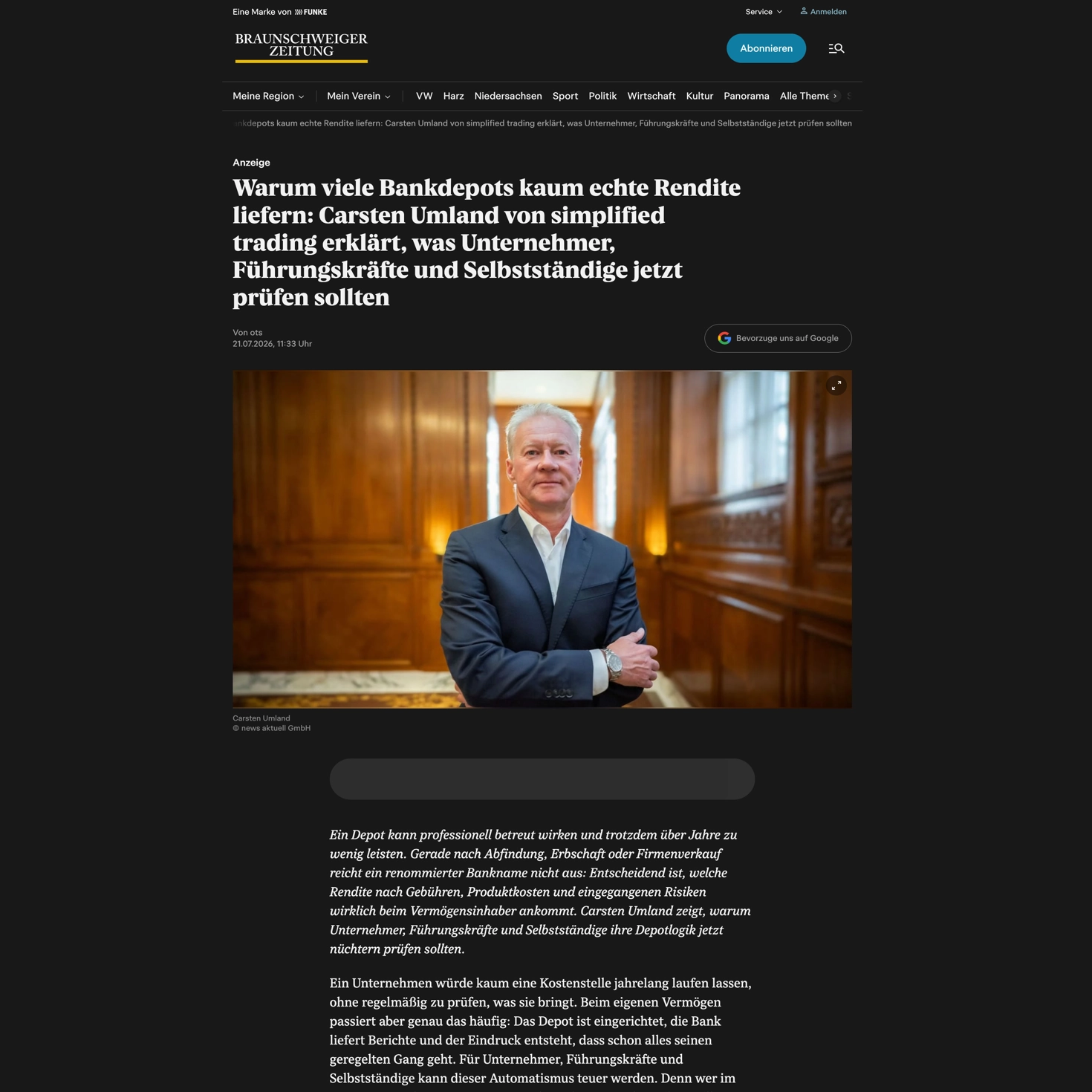 Screenshot des Artikels in der Braunschweiger Zeitung