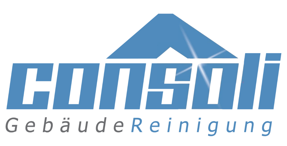 Blaues "consoli" Logo mit hellgrauem "Gebäude Reinigung" darunter auf dunkelgrauem Hintergrund.