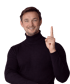 Lächelnder Mann im Rollkragenpullover zeigt mit dem Zeigefinger nach oben.
