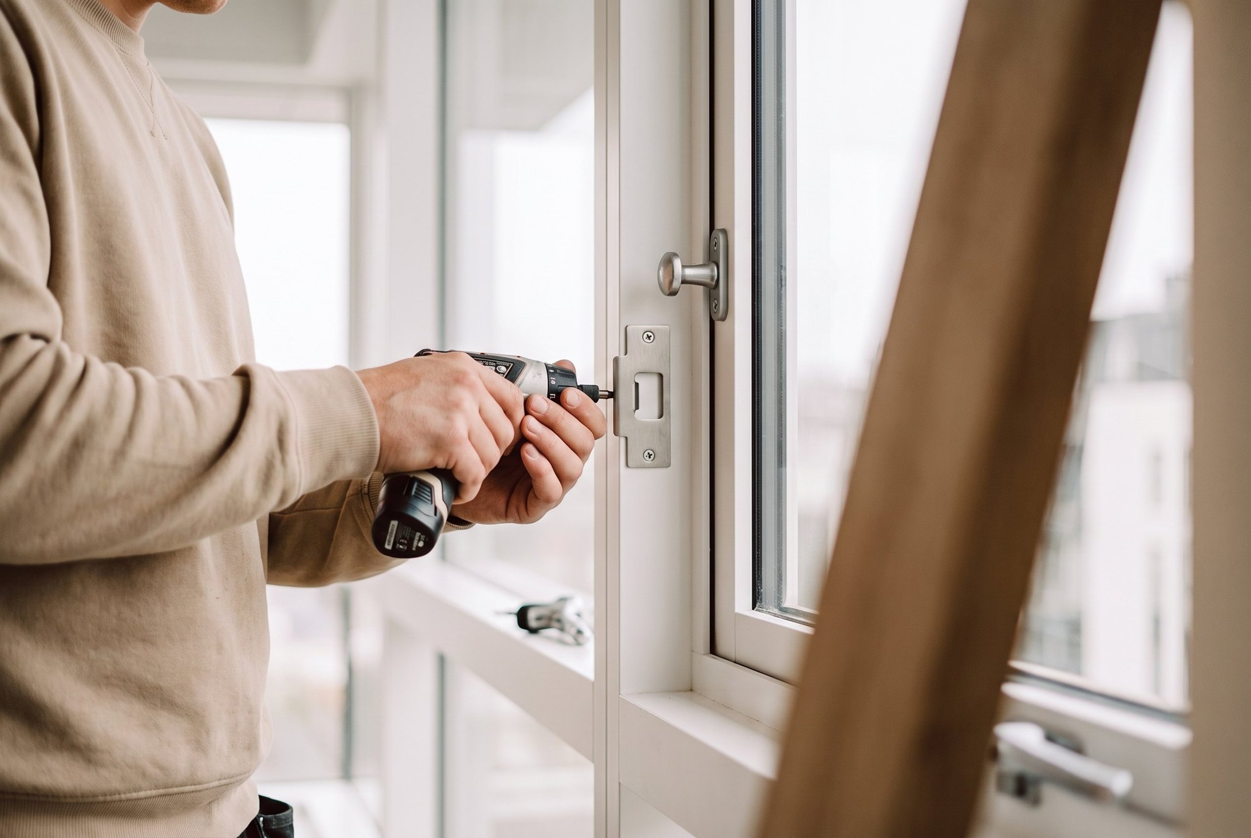Sicherheitsschliessblech wird mit dem Akkuschrauber am Fensterrahmen montiert