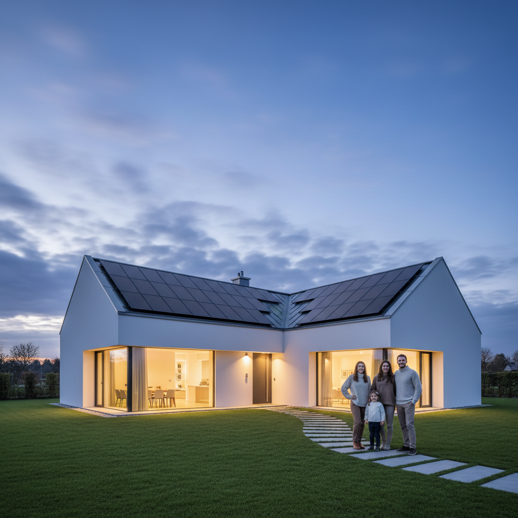 A modern white single-family house at dusk with -a232827e-7df7-48b8-a143-66a7ae7588d4.png