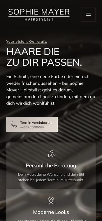 Website von Sophie Mayer Hairstylist in der Handy-Ansicht