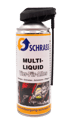 Schrass Multi-Liquid Sprühdose Vier-Für-Alles zum Reinigen, Entrosten, Schmieren und Pflegen mit schwarzem Sprühkopf.