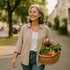 Glückliche Frau mit grauen Haaren und einem Korb voller frischem Gemüse geht auf einem Bürgersteig.