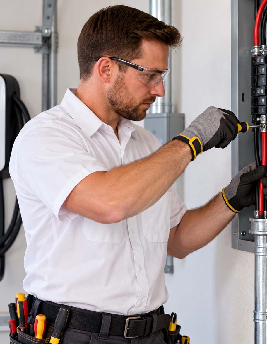 Licensed electrician wiring a dedicated 240-volt charging circuit