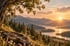 Sonnenuntergang über einer Berglandschaft mit See, Nadelwald und einem Laubbaum im Vordergrund.