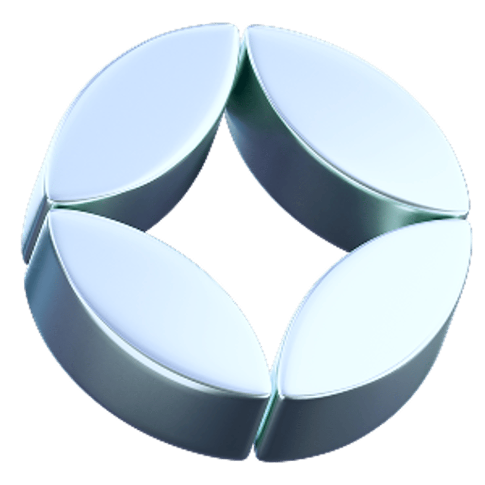 Ein 3D-Logo aus vier glänzenden, silbernen, ovalen Segmenten, die einen Kreis bilden.