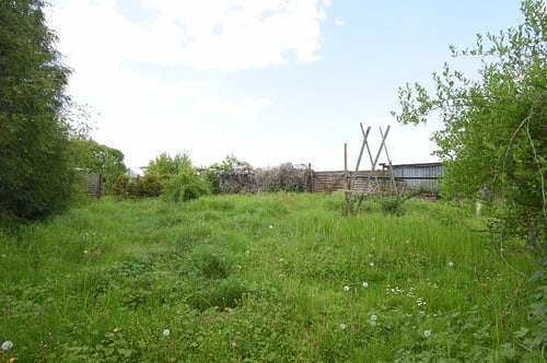 Verwilderter Garten mit hohem Gras, Holzzaun, Sträuchern und einem hölzernen Rankgitter unter hellem Himmel.