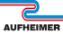 Ein stilisiertes blaues und rotes Band, das sich über dem schwarzen Text "AUFHEIMER" windet.