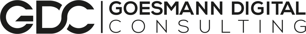 Blaues Logo mit den Initialen "GDC" und dem Text "GOESMANN DIGITAL CONSULTING" auf grünem Hintergrund.