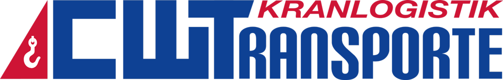 Logo von CW-Transporte & Kranlogistik mit einem weißen Kranhaken-Symbol auf rotem Dreieck.