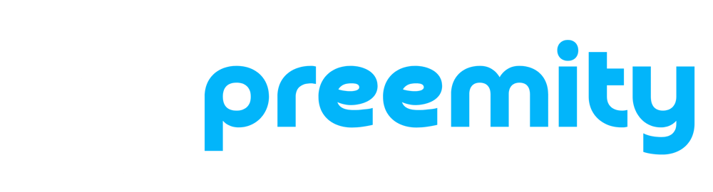 Weißes Logo mit einem Pfeil, der einen Kreis bildet, und dem blauen Text "preemity" daneben.