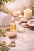 Gerollte Handtücher, Ölflasche, Schale mit Badesalz, Kerzen, Kokosnuss und Orchidee auf Marmor für Spa.