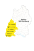 Karte von Baden-Württemberg mit gelber Hervorhebung der Regionen Offenburg, Emmendingen, Freiburg, Bad Krozingen und Lörrach.