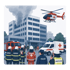 Feuerwehrleute, Sanitäter und Polizisten vor einem brennenden Gebäude mit Rauch; ein Rettungshubschrauber fliegt über ihnen - Krisenstab-Software Notfall- und Krisenmanager (NKM®).