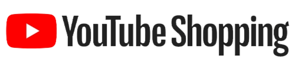 YouTube Shopping Logo mit dem roten YouTube-Play-Button und dem Text "YouTube Shopping" in Grau.