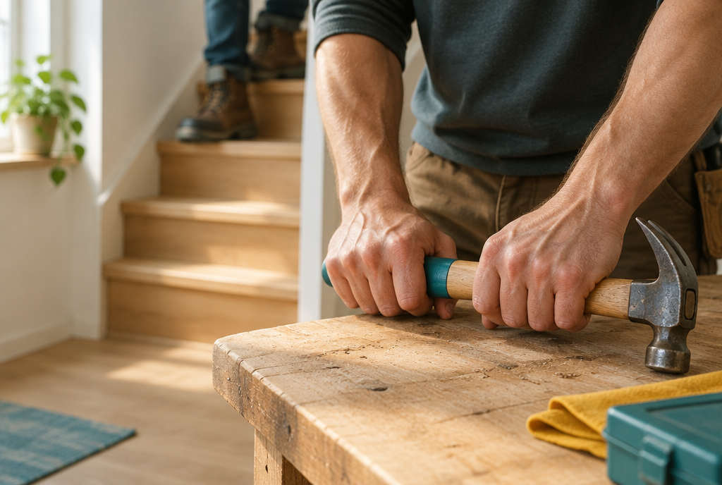 Kräftige Hände eines Handwerkers greifen einen Hammer an der Werkbank