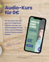 Smartphone mit App "Zurück zu deiner Stimme", daneben Text "Audio-Kurs für 0€", "Jetzt für 0€ anmelden".
