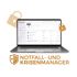 Laptop mit Software-Dashboard für Notfall- und Krisenmanager sowie goldenen Vorhängeschloss-Symbolen auf schwarzem Grund - Software für Alarm- und Gefahrenabwehrplanung - Notfall- und Krisenmanager (NKM®).
