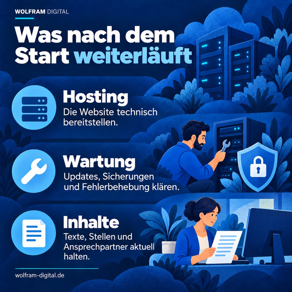 Was nach dem Start weiterläuft. Hosting: Die Website technisch bereitstellen.. Wartung: Updates, Sicherungen und Fehlerbehebung klären.. Inhalte: Texte, Stellen und Ansprechpartner aktuell halten.