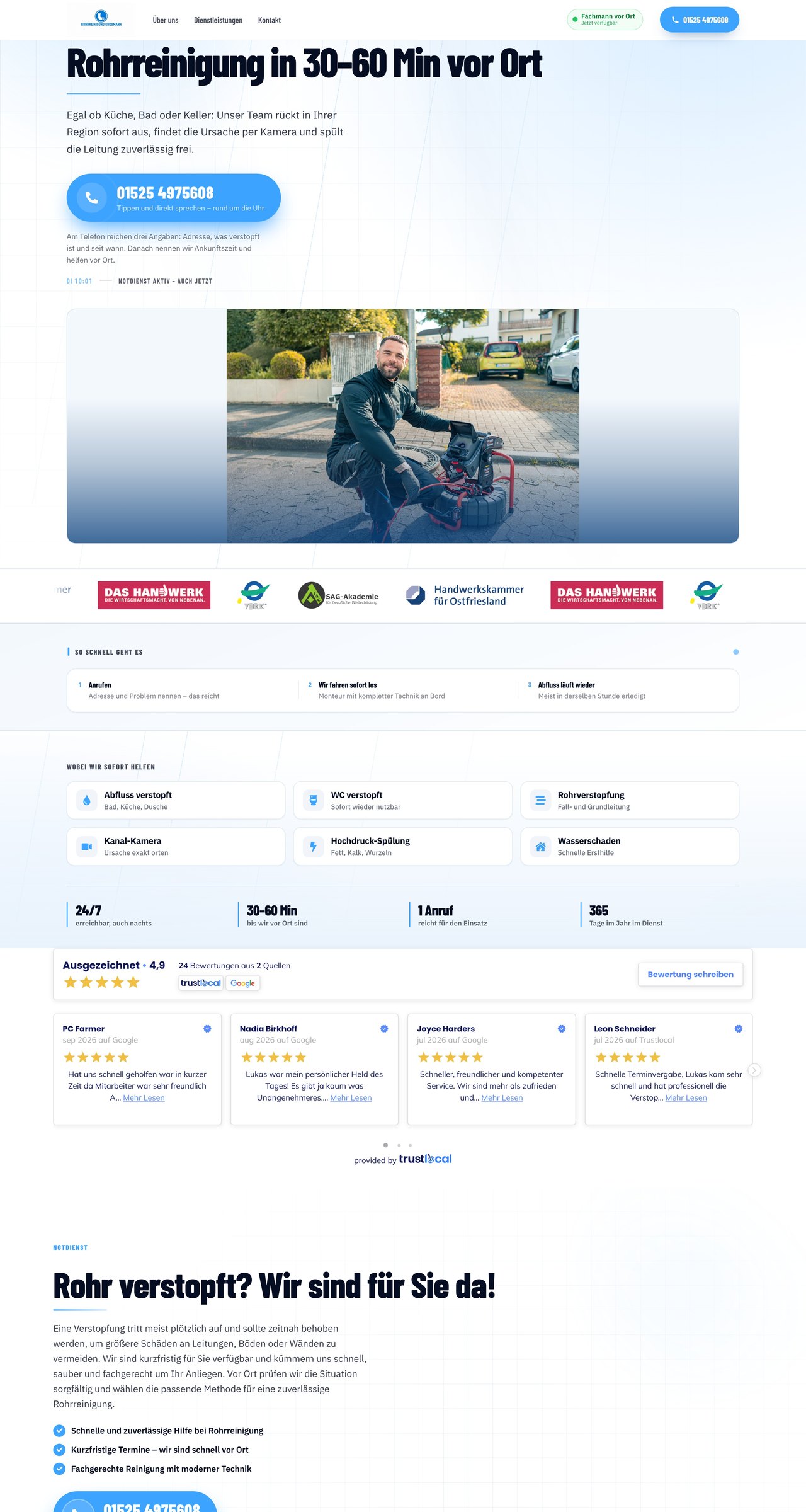 Rohrreinigung Grossmann website, first three screens